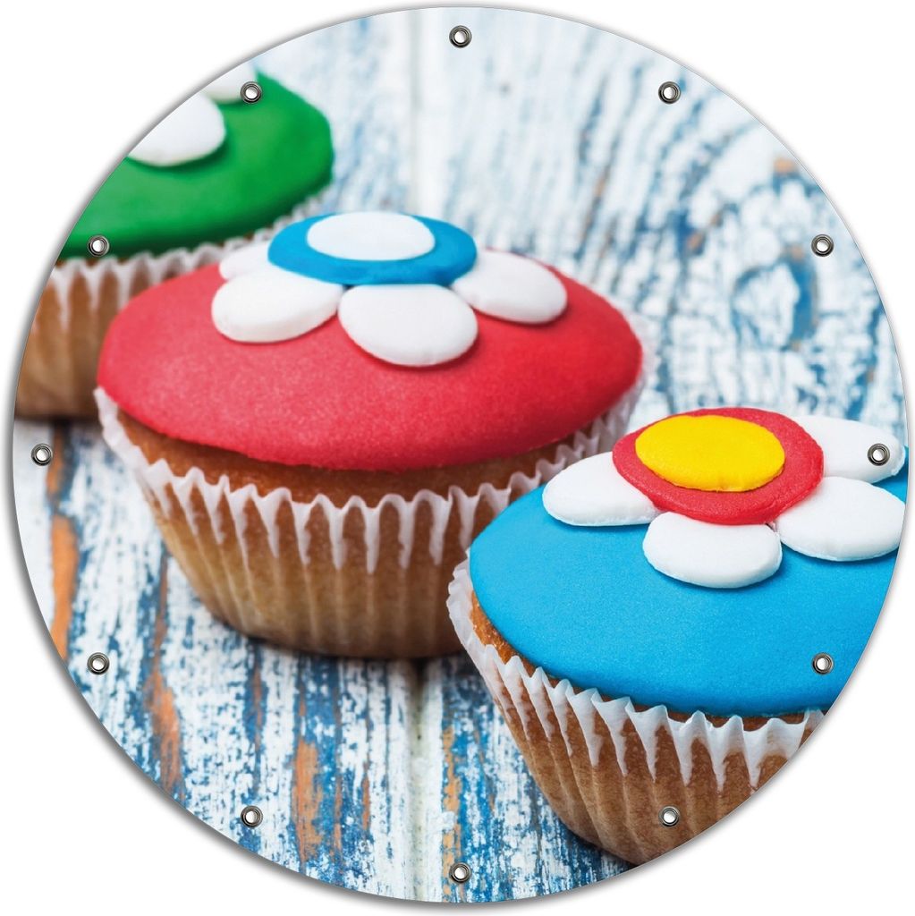 Wallario rundes Outdoor-Poster für Garten oder Balkon, Motiv Bunte Muffins - alter Holztisch - Stillleben, 90 cm Durchmesser