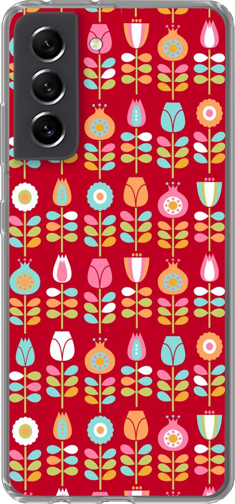 MuchoWow Handyhülle Schutzhülle Hülle für Telefoonhoesje Samsung Galaxy S21 FE Muster - Blumen - Retro - Rot Silikon Softcase Handy Hülle - ...