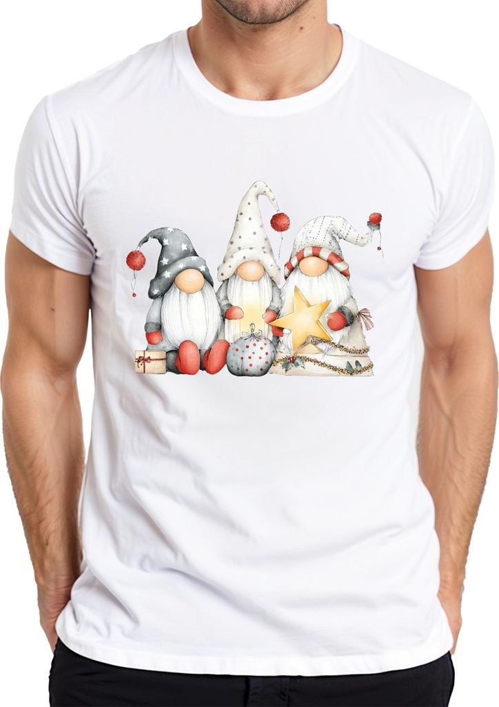 Weihnachtswichtel Trio Stern Geschenk rot grau skandinavisch Cozy Herren T-Shirt, Weiß, L