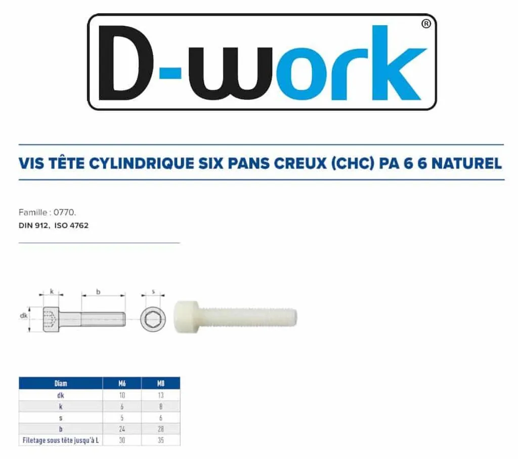 200 Vis Métaux CHC M6x16 mm DIN 912 en Polyamide Nylon par D-Work