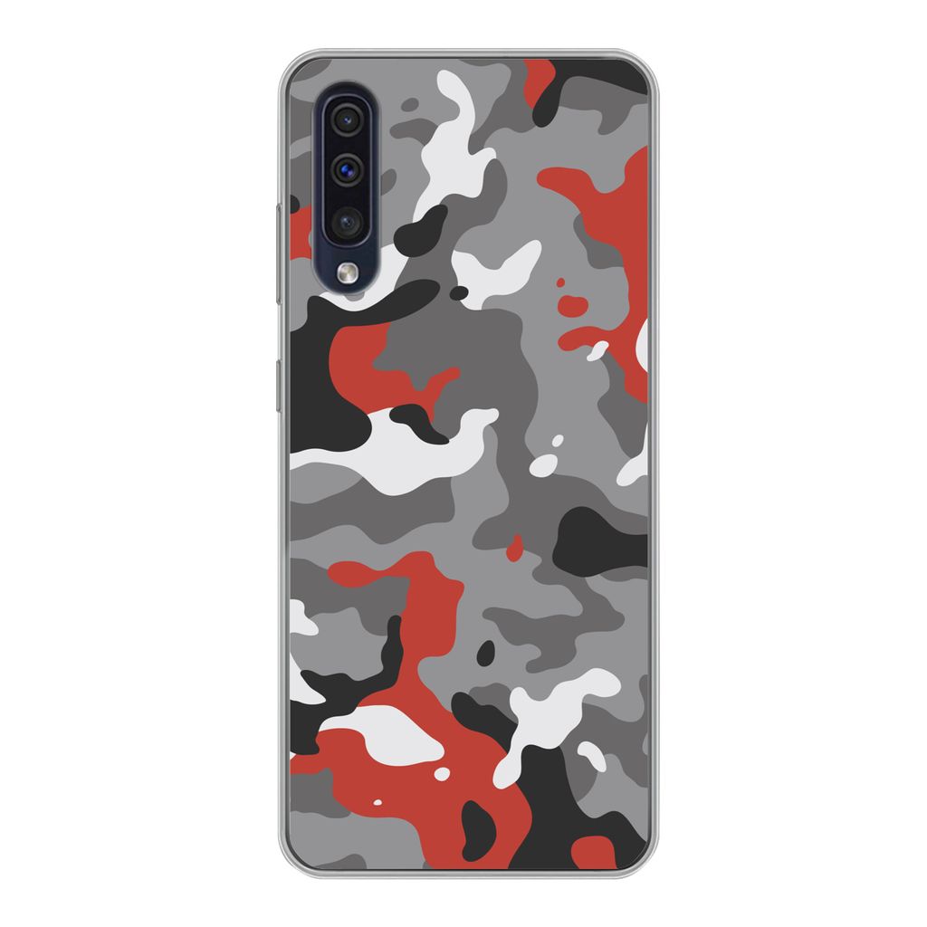 MuchoWow Handyhülle Schutzhülle Hülle für Samsung Galaxy A30s Camouflage-Muster mit roten Akzenten Silikon Softcase Handy Hülle - Karteninha...