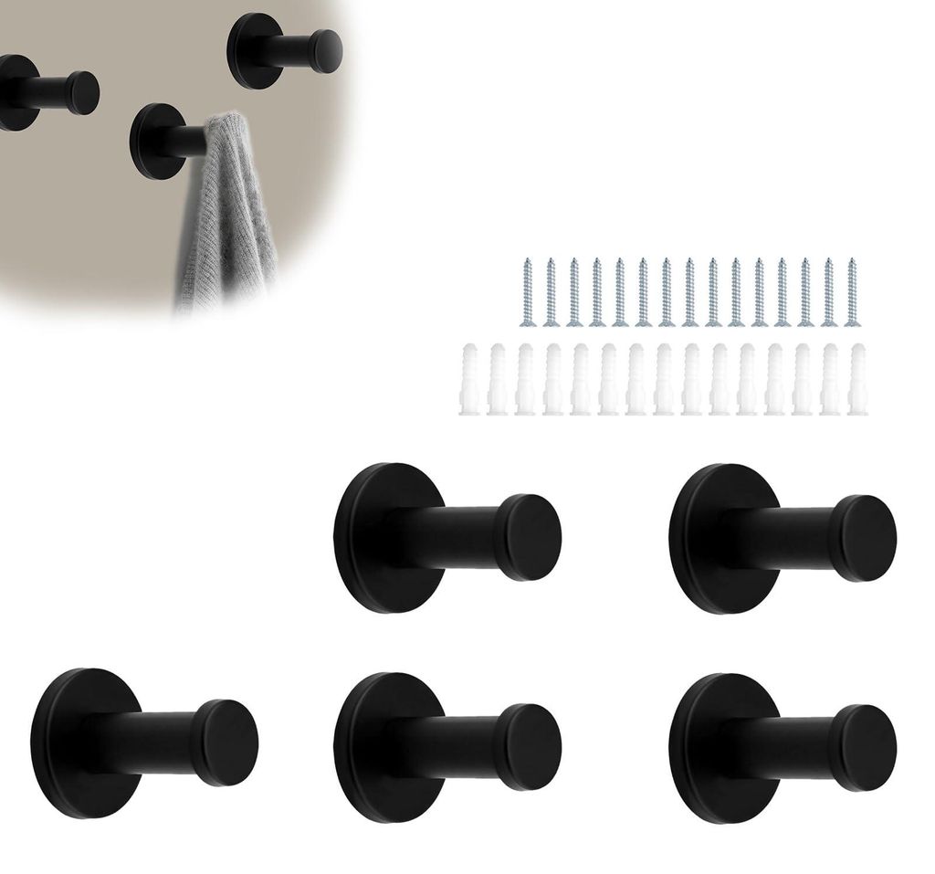 Garderobenhaken, 5 Stück, schwarze Garderobenhaken, Handtuchhaken mit Schrauben und Verlängerungsrohren, zylindrische Wandhaken für Küche, Bad ...