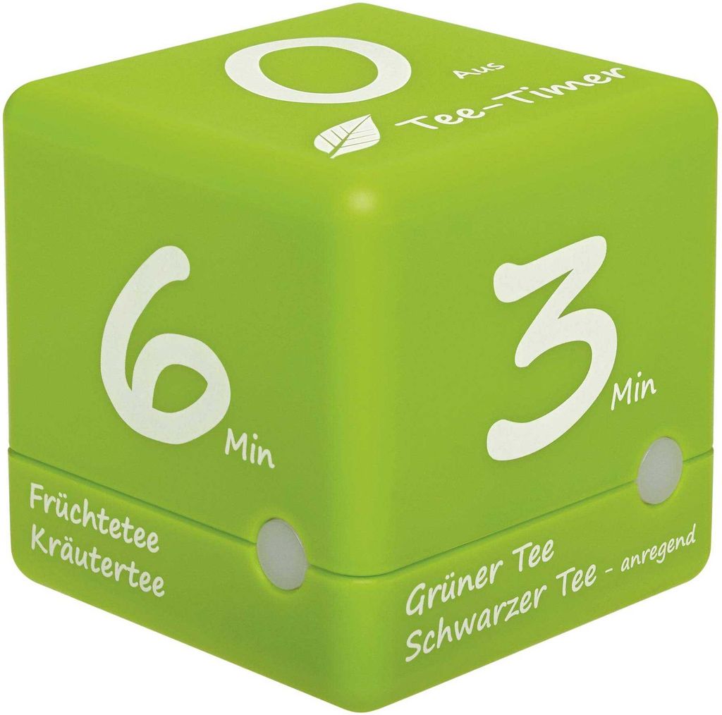 A green cube timer for tea.
