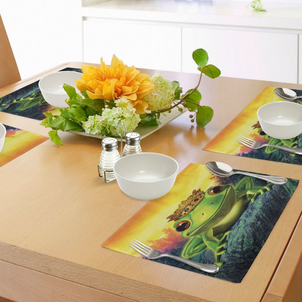 ABAKUHAUS Tier Platzmatten, Frosch-Prinz mit Goldener gelber Krone auf Felsen-Märchen-Soul Mates Illustration, Tiscjdeco aus Farbfesten Stoff für...