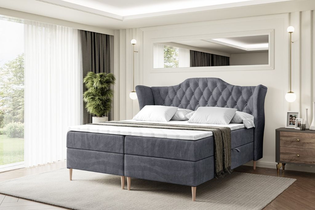 ALTDECOR Boxspringbett mit Holz Füßen, Matratze und Lattenrost, Boxbett, Topper, Polsterbett mit Bettkasten, Bett mit Stauraum H4-Matratze, Doppe...