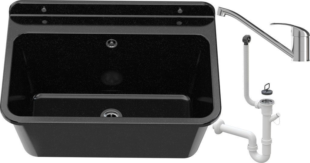 A black sink with a chrome faucet and plumbing parts on a white background.