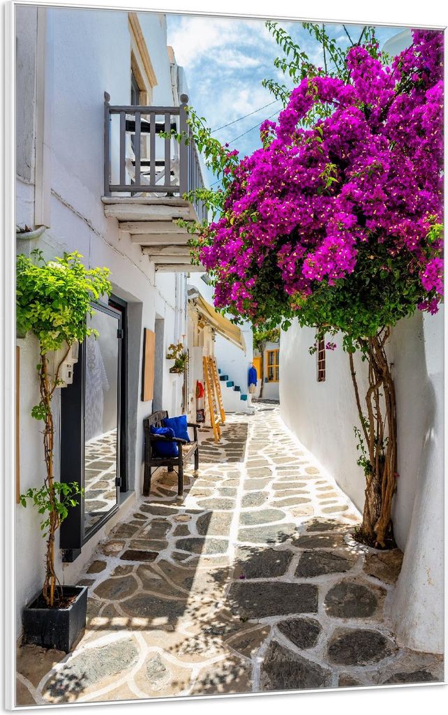 Wallario Wandbild Griechische Blütengasse, Größe: 61 x 91,50 cm, Poster mit weißem Aluminiumrahmen