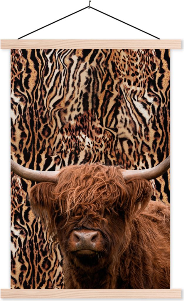 MuchoWow Textilposter Panther Druck - Schottisches Hochlandrind - Tiere 60x90 cm mit holzfarbenen Rahmen - Textil