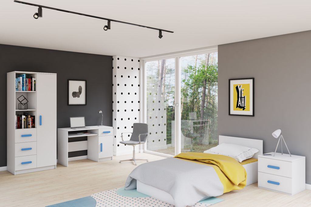 Kinderzimmer-Set Bett, Nachttisch, Schrankregal, Schreibtisch mit blauen Griffen Weiß/Weiß ohne Matratze JONAS I 01