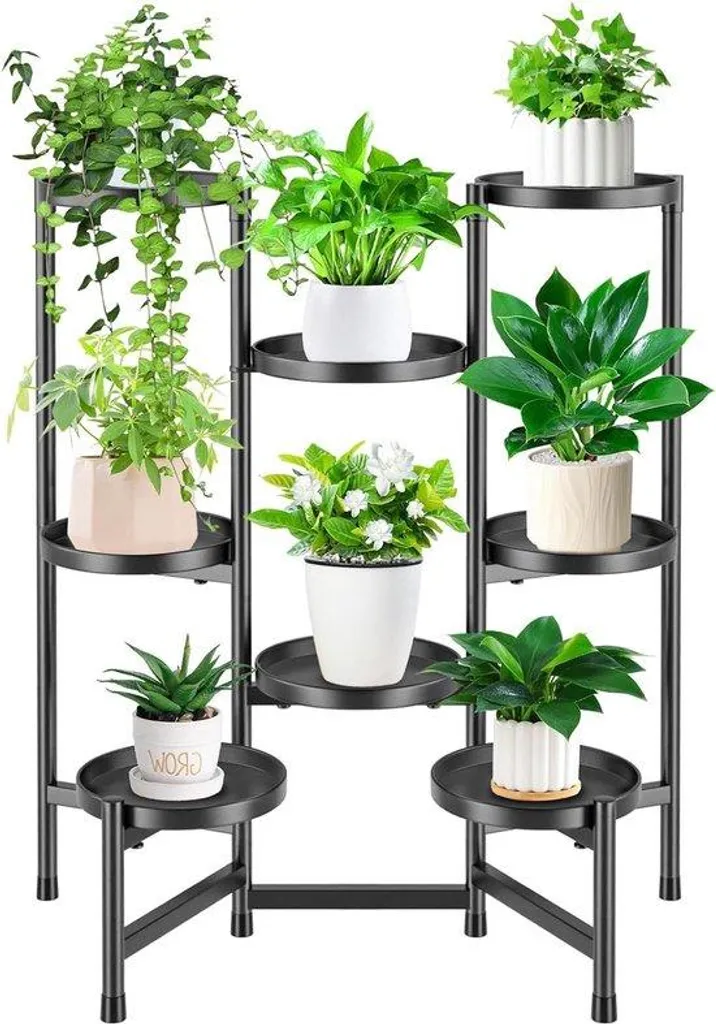 Porte-plante multi-niveaux en métal noir robuste avec 8 porte-pots