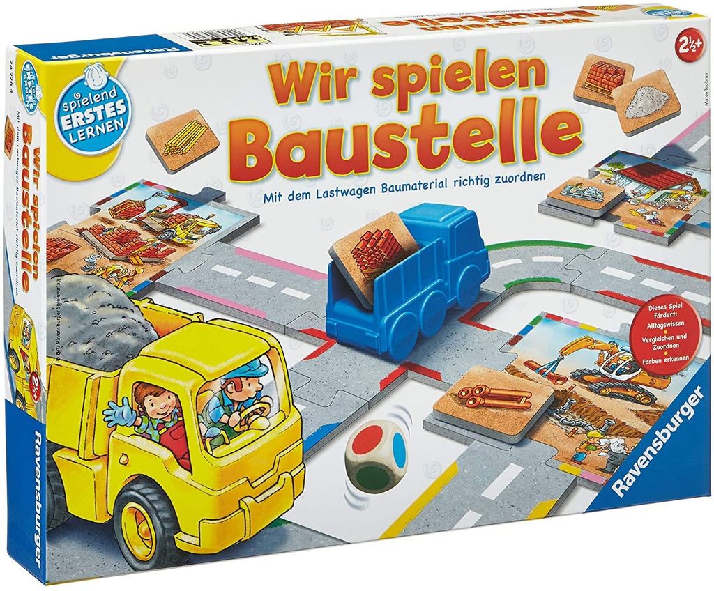 The image shows the box of a board game called "Wir spielen Baustelle" (We Play Construction Site) by Ravensburger. The game features a yellow toy truck, a blue toy truck, and various construction-themed game pieces and board elements.