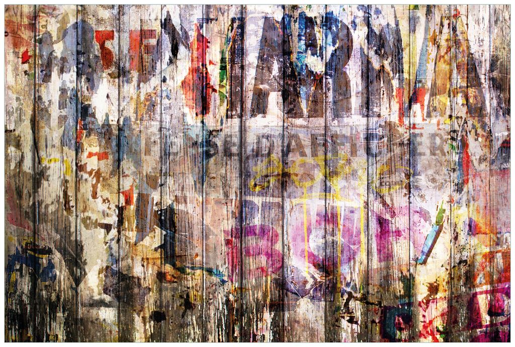 Wallario Wandbild aus Acryl, 90 x 60 cm, freischwebende Optik - Bemalte Holzplanken mit alter Schrift