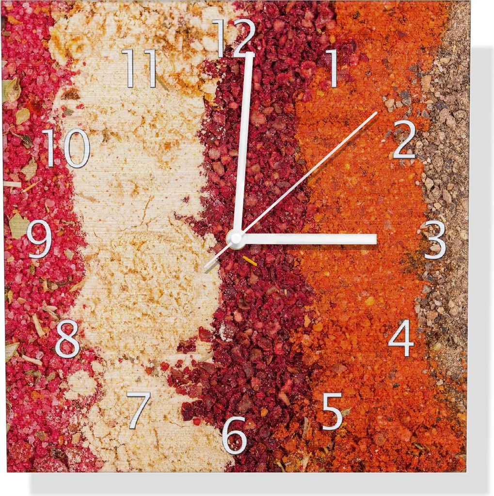Wallario Design Wanduhr Bunte Gewürze in Streifen - Chili, Curry usw aus Aluverbund, Größe 30 x 30 cm