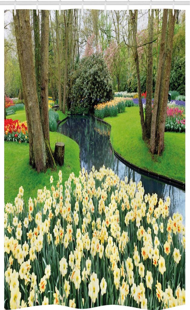 ABAKUHAUS Frühling Schmaler Duschvorhang, Flower Garden Grass Park, Badezimmer Deko Set aus Stoff mit Haken, 120 x 180 cm, Grün und Brown