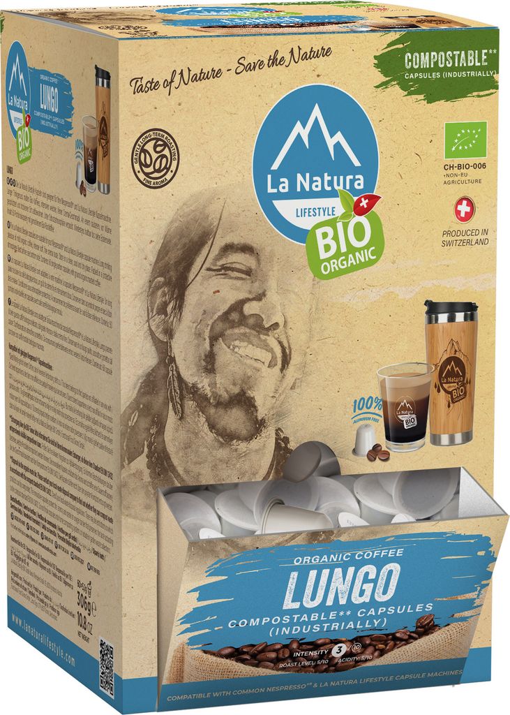 Lungo Kaffee Super BOX 100 Kaffeekapseln | La Natura Lifestyle Organic 510g| biobasiert | Nespresso *³ kompatible