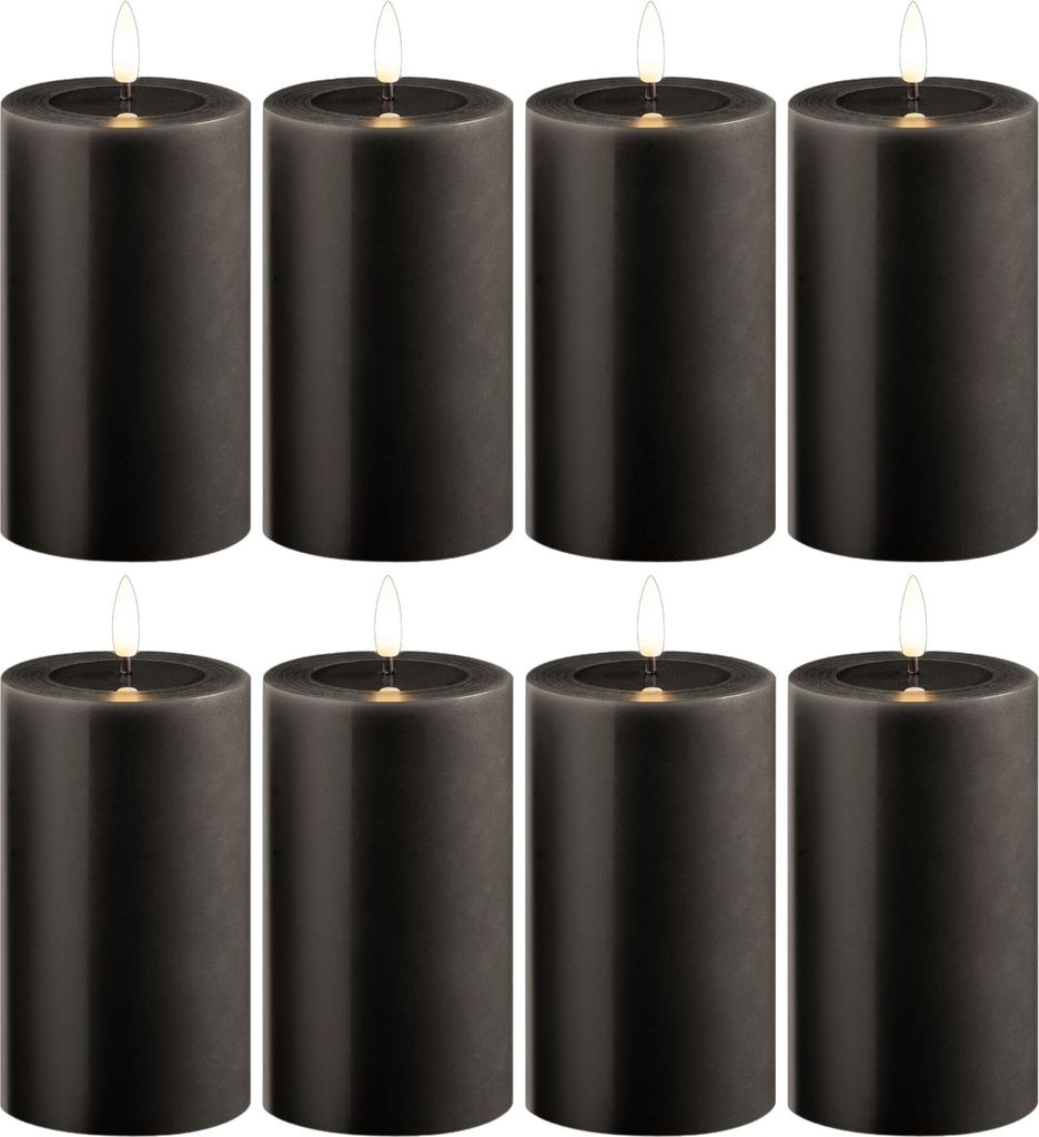 8x mittlere LED Stumpenkerze mit Timer grau 7,5cm ø 12,5cm Höhe - 2 AA Batterien nötig LED Echtwachskerze mit Flackereffekt flammenlose Stumpenk...