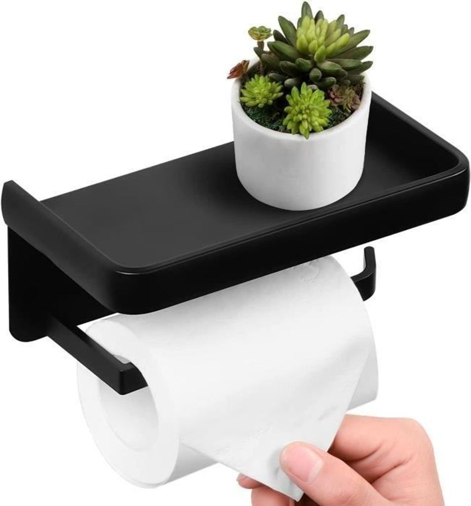 Toilettenpapierhalter, Wandmontage, Aluminium-Rollenhalter mit Ablagefach, Schwarz