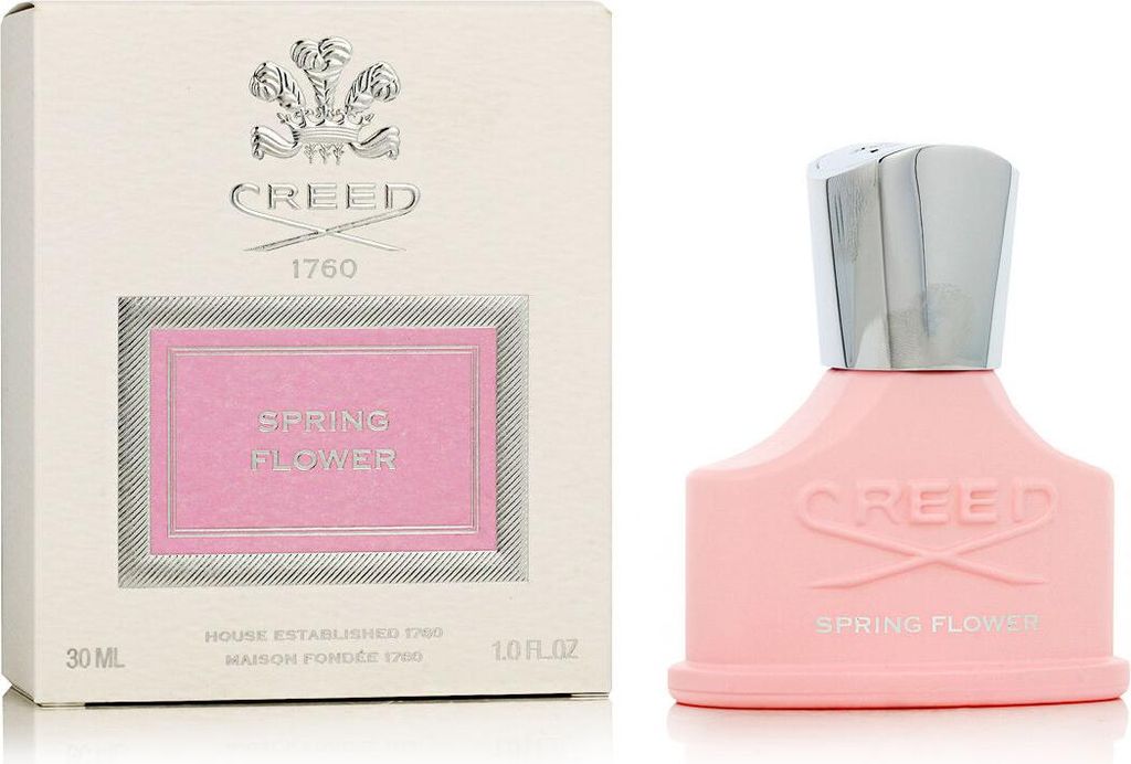 A box of Creed Spring Flower Eau de Parfum and the perfume bottle are displayed side-by-side against a white background.