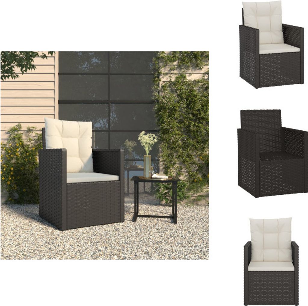 A collage of images showing a dark brown poly rattan garden chair with a beige cushion, set in an outdoor environment and also as individual product shots.