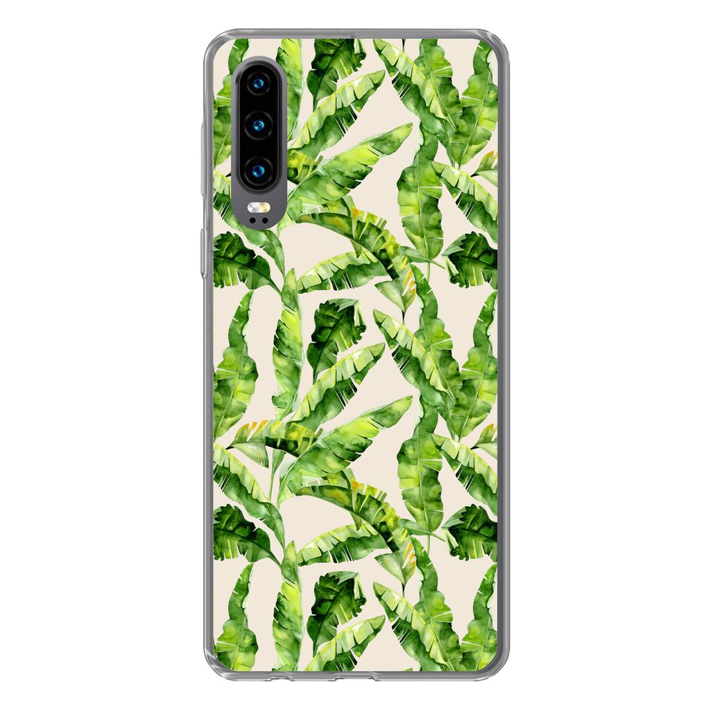 MuchoWow Handyhülle Schutzhülle Hülle für Huawei P30 Palmenblatt - Muster - Tropisch Silikon Softcase Handy Hülle - Kartenbesitzer