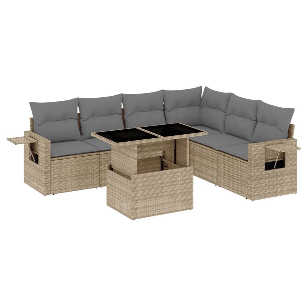 "SALE 2026" 7-tlg. Garten-Sofagarnitur/Garten-Essgruppe - Lounge-Set - Balkonmöbel Set - mit Kissen Beige Poly Rattan - Gartenmöbelset DE1544052