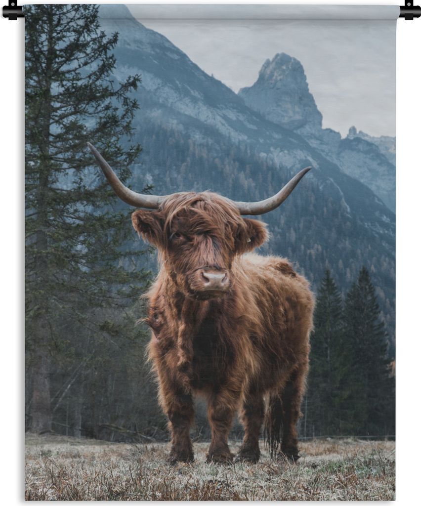 MuchoWow Wandteppich Wandbehang Schottisches Hochlandrind - Tiere - Wald 120x160 cm Tapisserie Dekoration Wandtuch - Wohnzimmer - Moderne