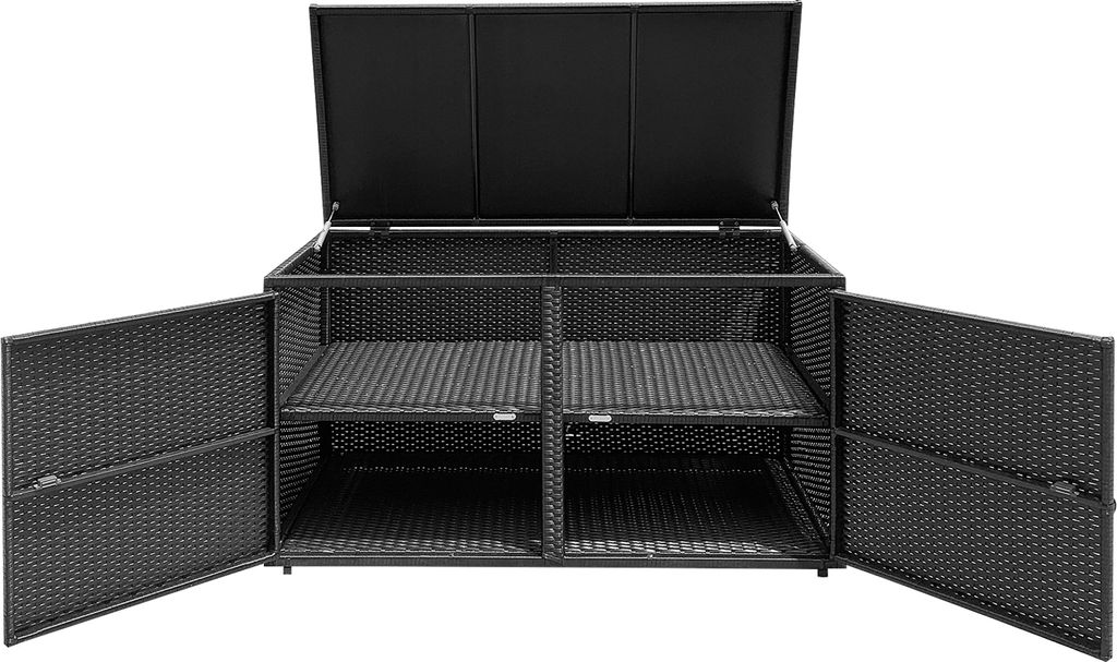 An open black rattan storage box with shelves and doors, shown against a white background.