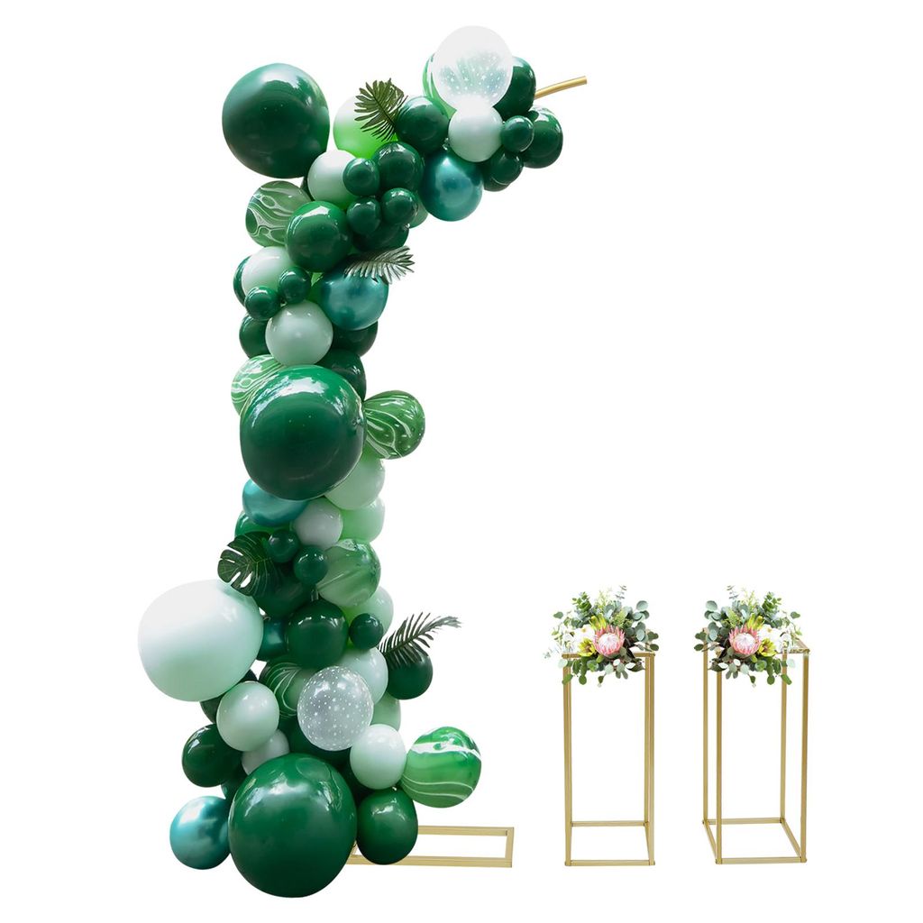 A balloon arch and two flower stands are displayed against a white background.