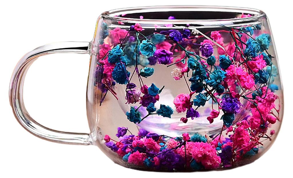 Doppelwandige Glas-Kaffeebecher, 4er-Set, aus hochwertigem Borosilikatglas mit farbenfrohem Blütenblattmuster, für heiße und kalte Getränke wie...