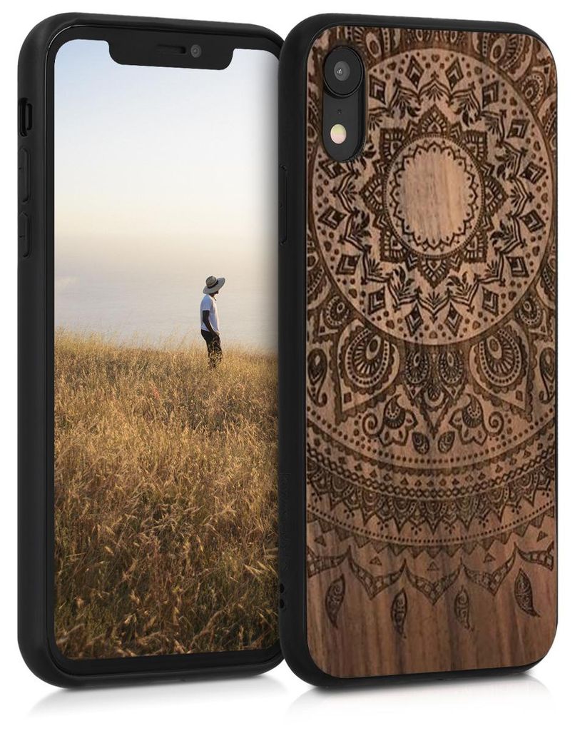 kwmobile Handyhülle für Apple iPhone XR Hülle Holz - Case mit TPU Bumper - Stoßfestes Hardcase - Schutzhülle Cover in Dunkelbraun