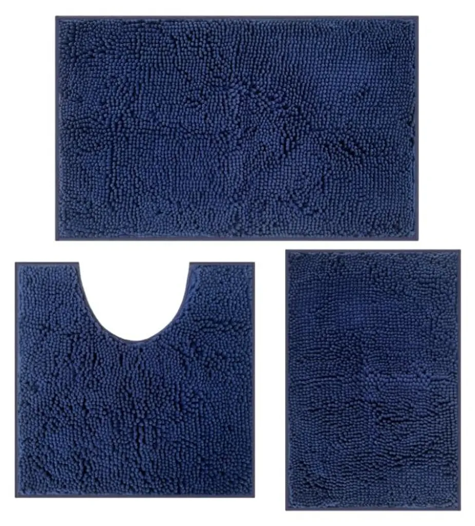 Lot de 3 Tapis de Salle de Bain Antidérapants - Bleu Foncé, Lavable