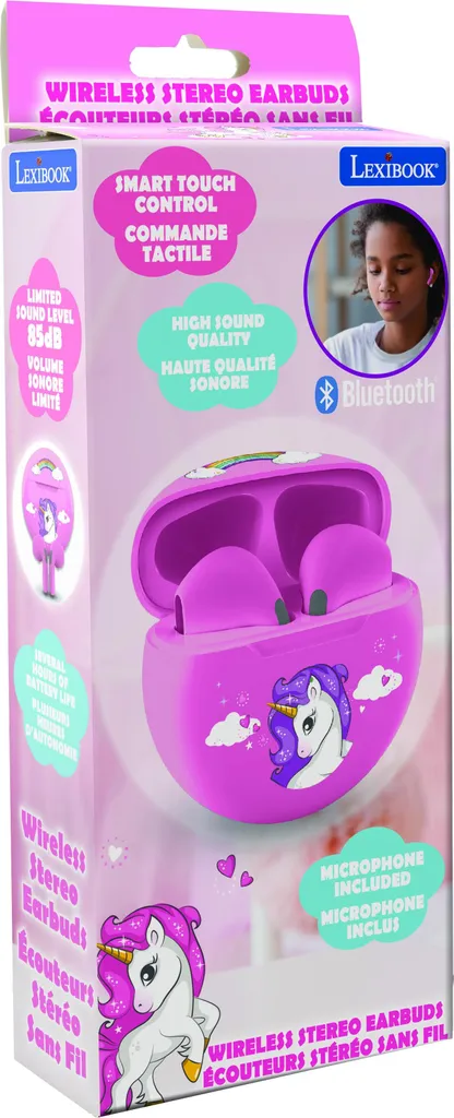 Oreillettes Bluetooth Licorne pour filles avec boîtier de rangement rose