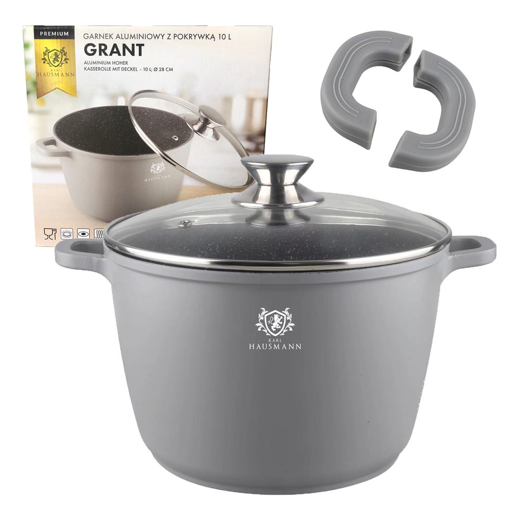 A gray pot with a glass lid and two gray handles, next to its packaging.