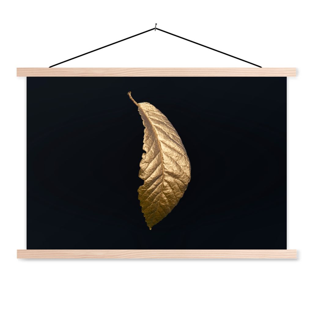 MuchoWow Textilposter Blätter - Luxus - Gold - Schwarz - Natur 120x80 cm mit holzfarbenen Rahmen - Aufhängeset