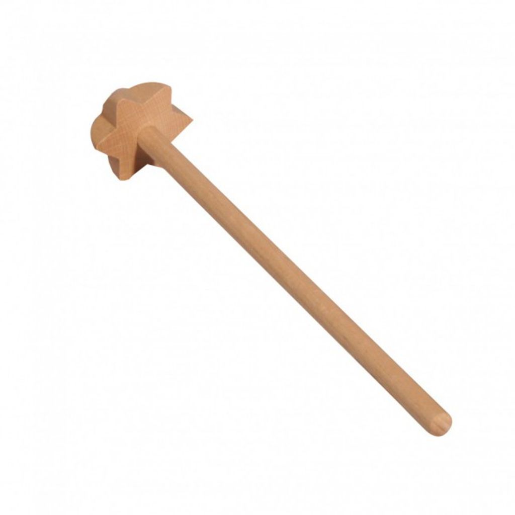 A wooden whisk with a star-shaped head on a white background.