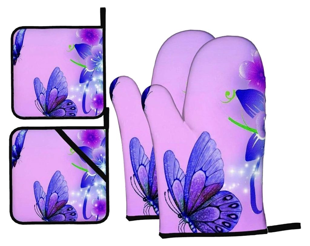 Ofenhandschuhe und Topflappen, Motiv: Schmetterlinge, rutschfest, hitzebeständig, Violett, 4 Stück