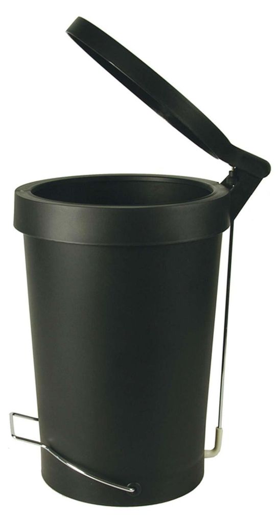 A black pedal bin with its lid open, shown against a white background.
