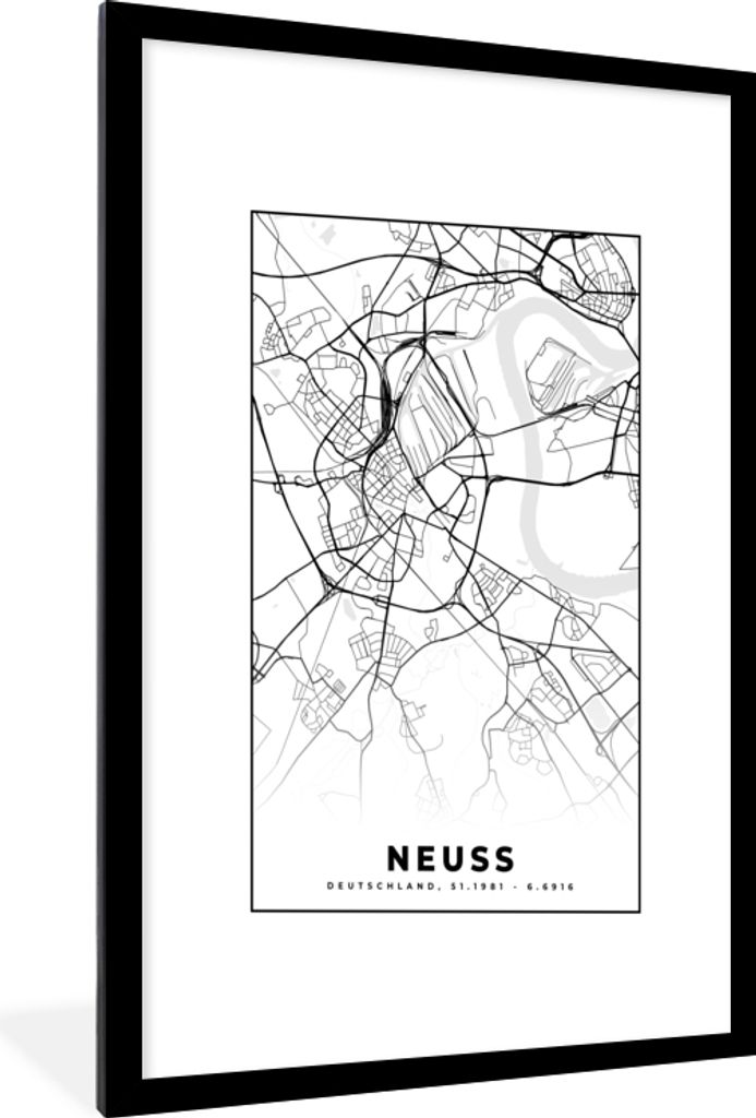 MuchoWow Gerahmtes Poster Karte - Karte von Neuss - Stadt Neuss 60x90 cm - Poster mit Schwarzem Bilderrahmen Wandposter Rahmen Foto Bilder - Deko...