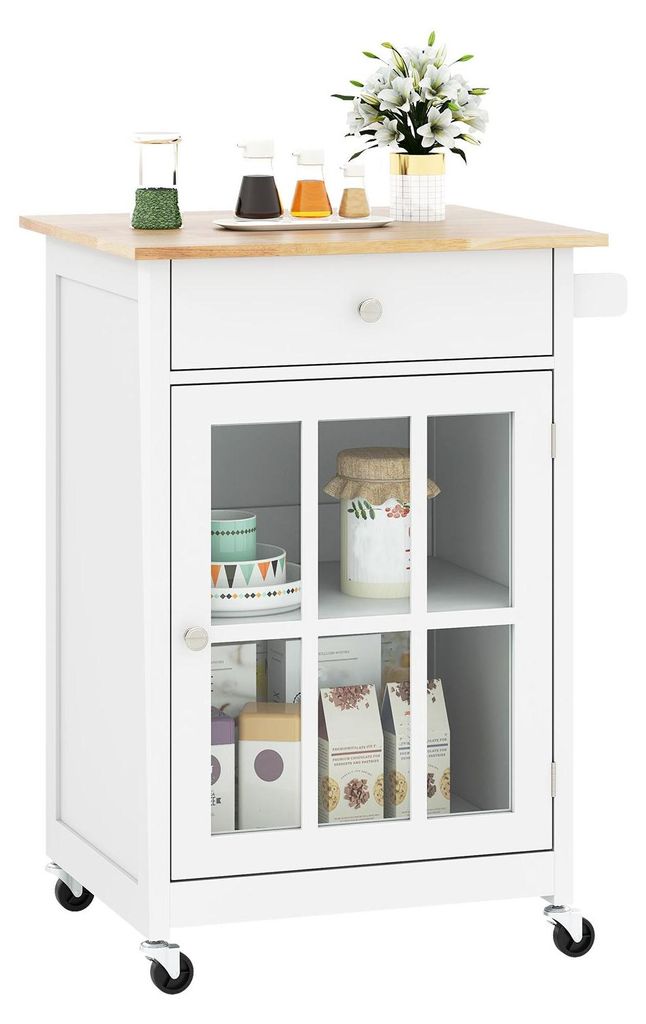 A white kitchen cart with a wooden top is shown against a white background. It has a drawer, a glass-doored cabinet with shelves, and wheels.