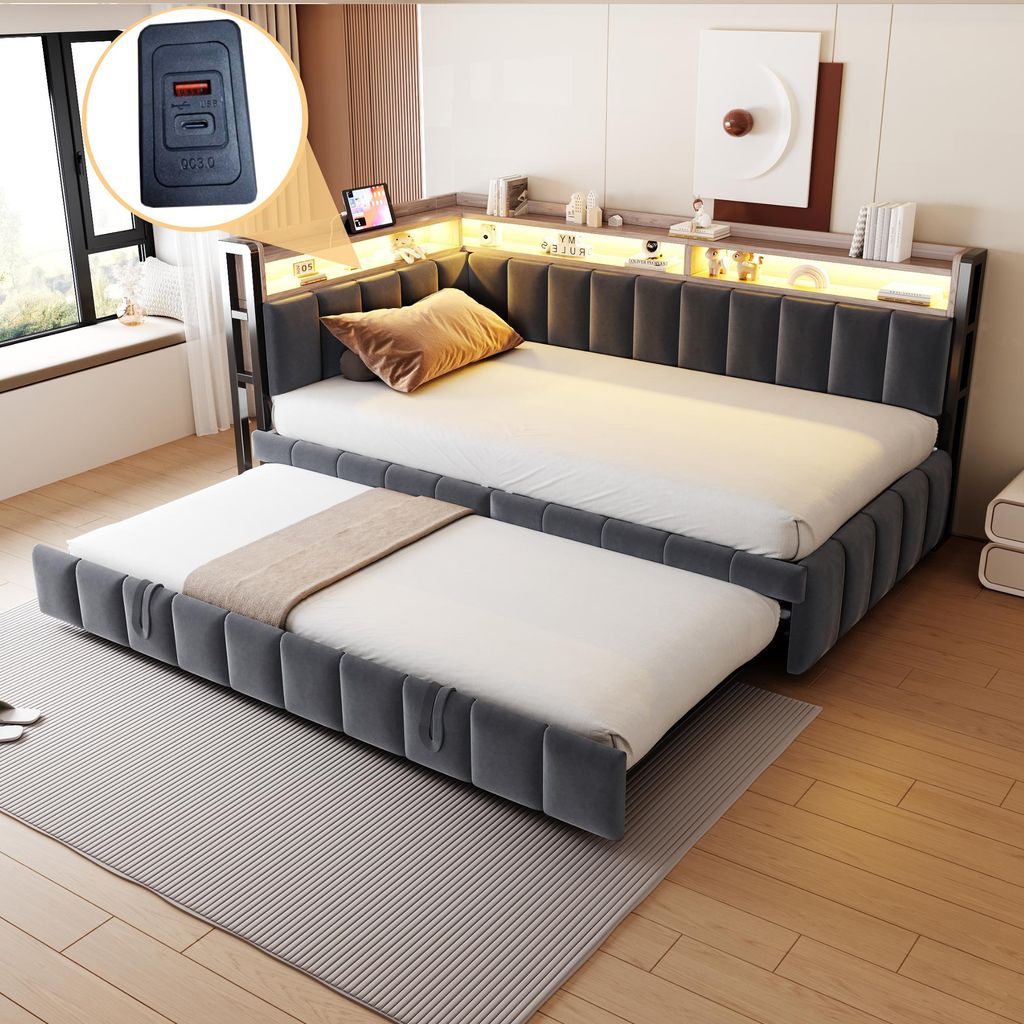 okwish Jugendbett 90x200 Schlafsofa mit Matratze,Bettgestell mit Ausziehbett und LED-Beleuchtung,Kinderbett Daybett mit mit USB- und Typ-C-Anschlü...