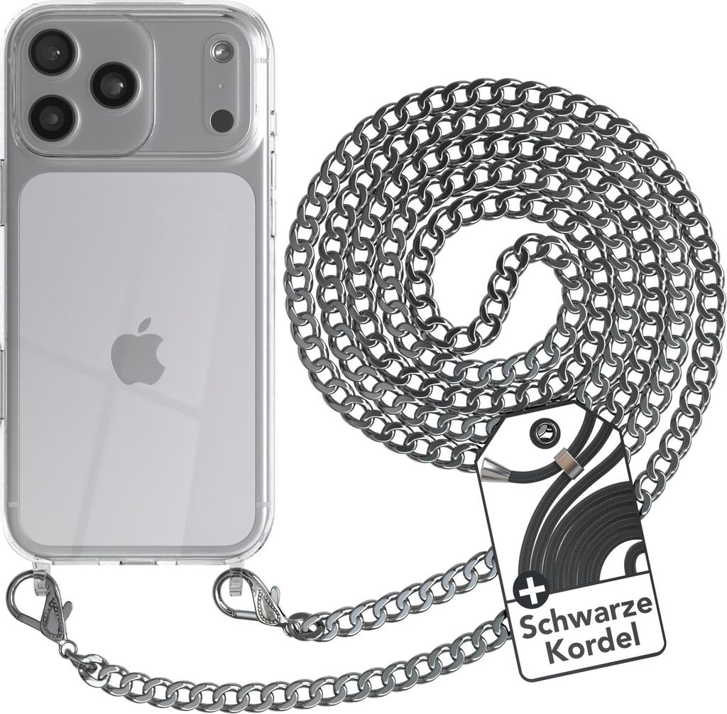 EAZY CASE Metall Handykette für Apple iPhone 17 Pro Max, Handyhülle mit Umhängeband, Silikonhülle, Metallkette für Smartphone in Silber