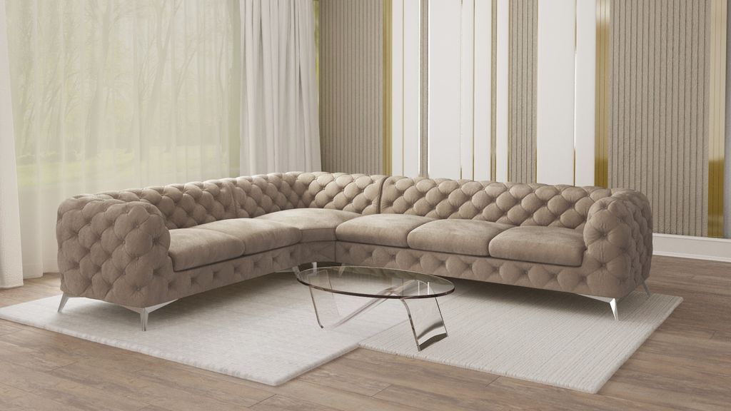 S-STYLE MÖBEL - Chesterfield Ecksofa Cleo mit Silber Metall Füßen aus Dunkle Creme Samtstoff, Ottomane links, B/T/H: 323 cm/ 264 cm/ 75 cm