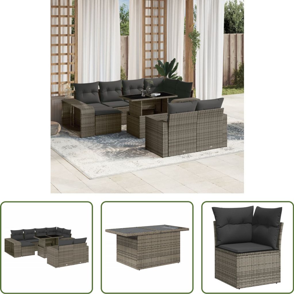 The Living Store 11-tlg. Garten-Sofagarnitur mit Kissen Grau Poly Rattan