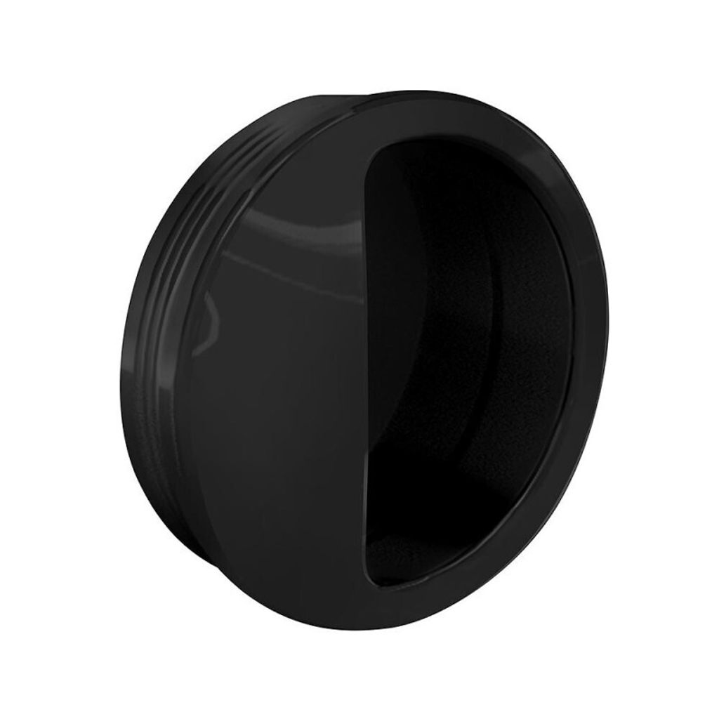 A black, round shell handle is shown against a white background.