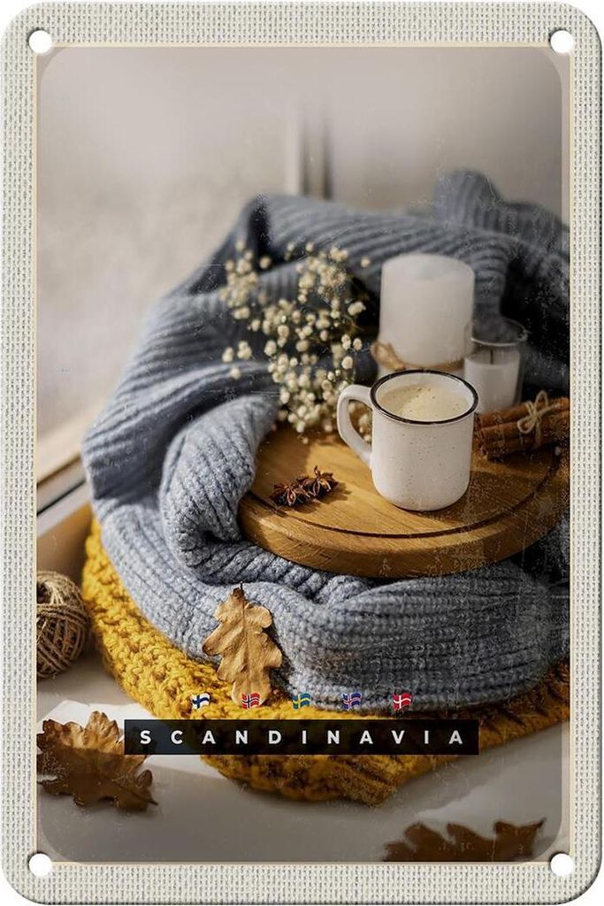 Blechschild Reise 12x18cm, Blechschilder Skandinavien Wolle Kaffee Herbst Kerze Schild