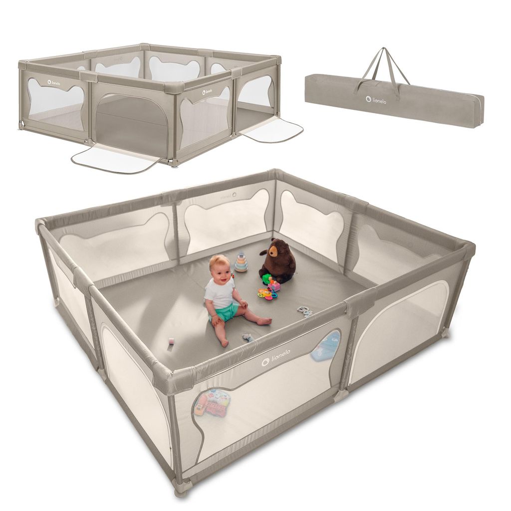 A baby playing in a playpen with toys, and a folded playpen with a carrying bag.