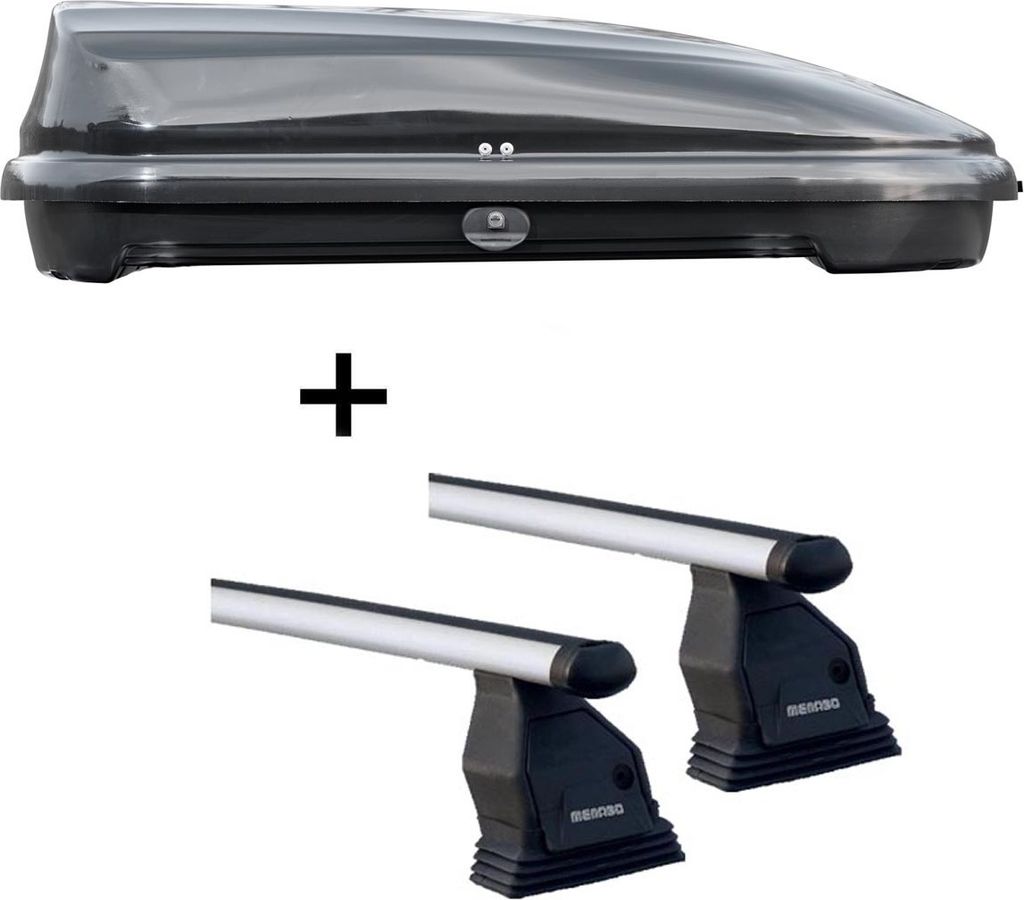 Dachbox VDPFL320 schwarz glänzend 320 Ltr + Dachträger Menabo Tema kompatibel mit für Mercedes B-Klasse W246 (Schrägheck 5 Türer) ab 2012 Alu