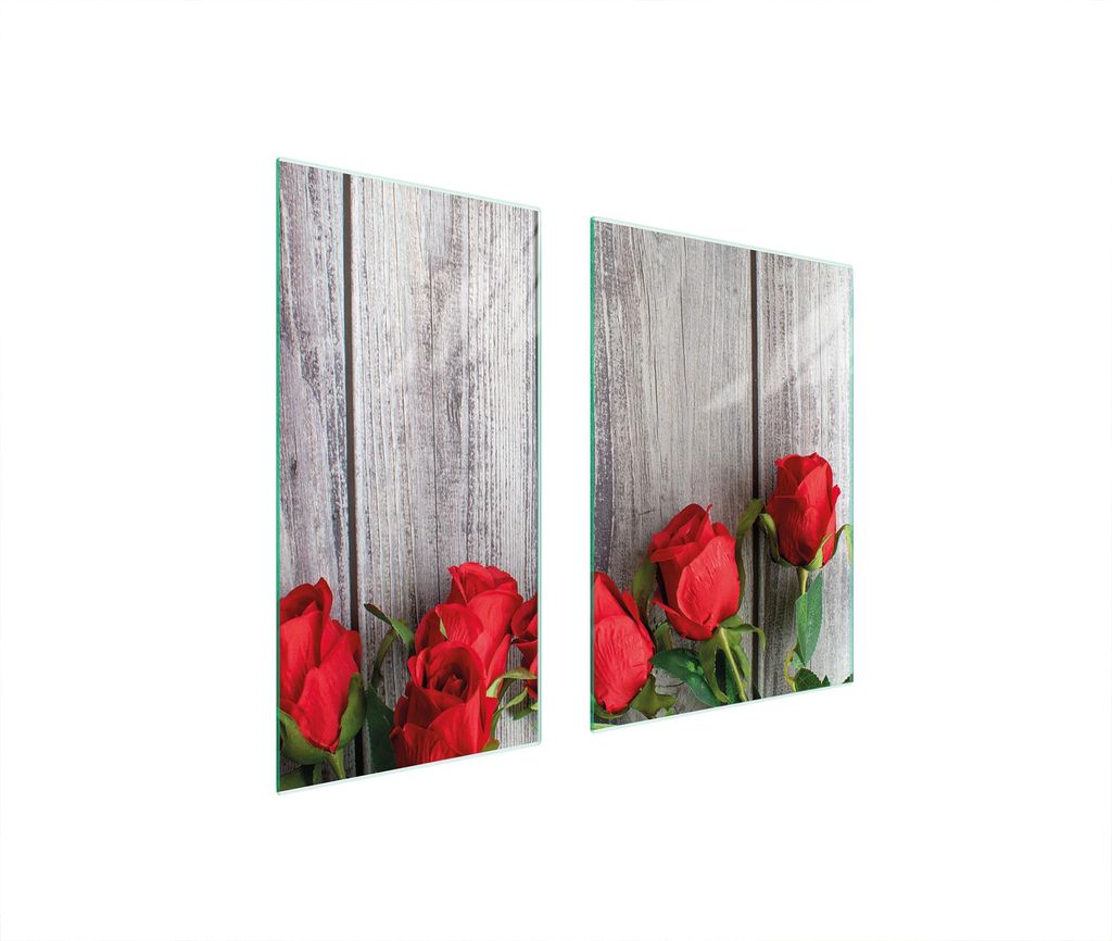 Herdabdeckplatten 2 teilig 75x52 Glaskeramikkochfeld Abdeckung Glas Schneidebrett Holz Rose