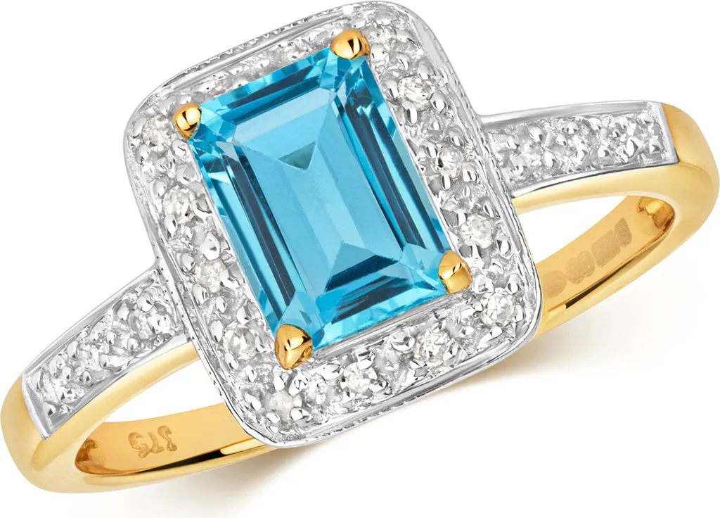 Bague Or 375 avec Diamant 0.10 Carat H-PK et Topaze Bleue Taille 54