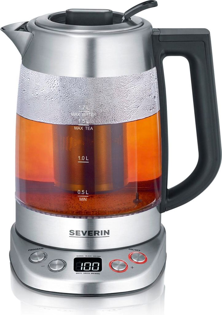 SEVERIN Glas Tee- und Wasserkocher Deluxe WK 3480 aus Edelstahl, schwarzsilbertransparent